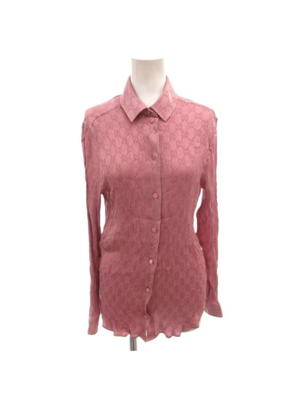 Gucci Shirt Blouse Long Sleeve GG Pattern Silk Pleats Pink 40